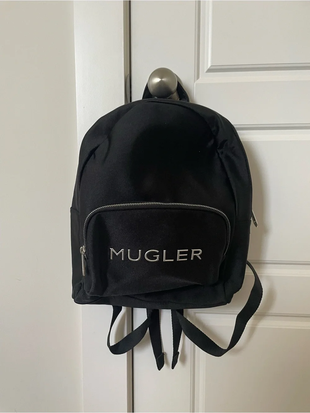 MUGLER Black Nylon Logo Backpack Silver Hardware